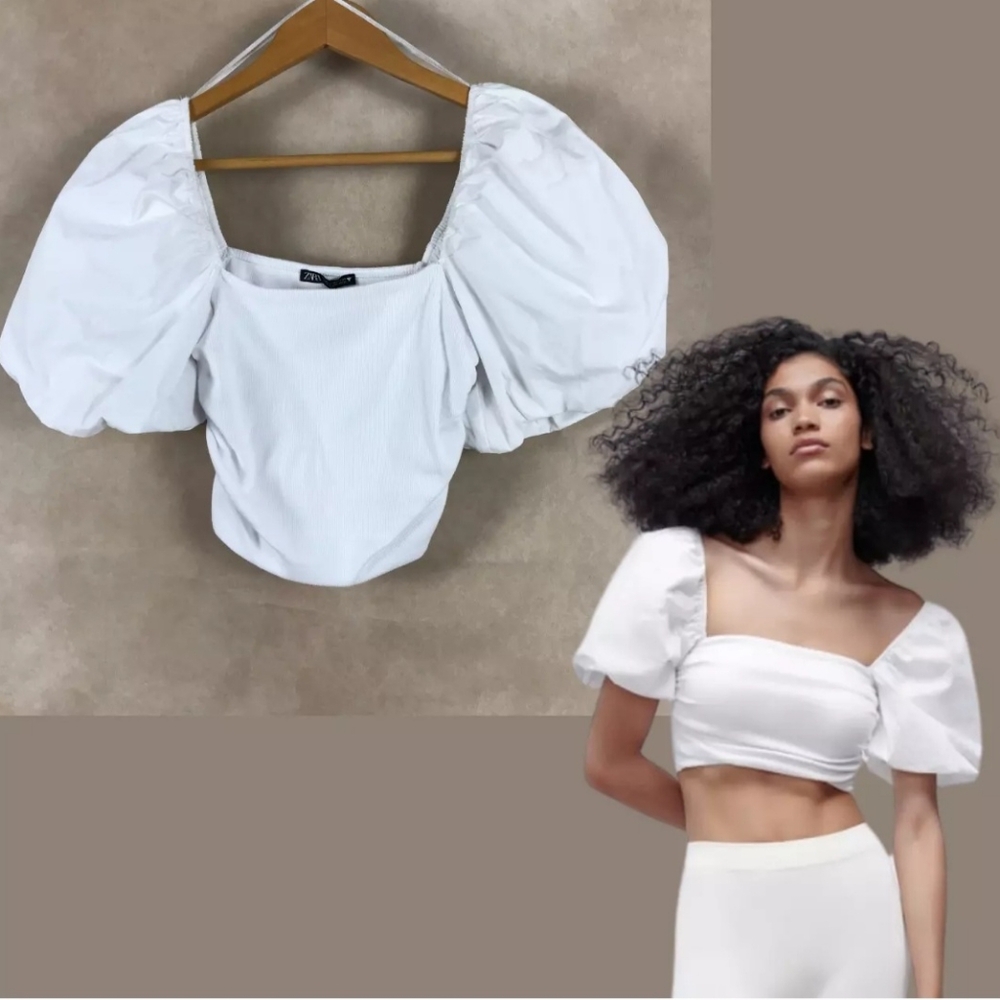Zara Womens Ribbed Puff Sleeve Top white size M